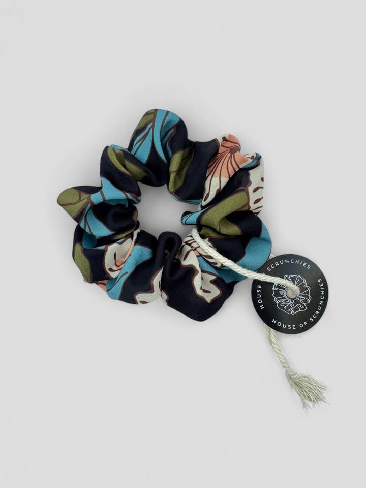 Scrunchie - Flowers Black/Blue - Recycled for wholesale by House of Scrunchies