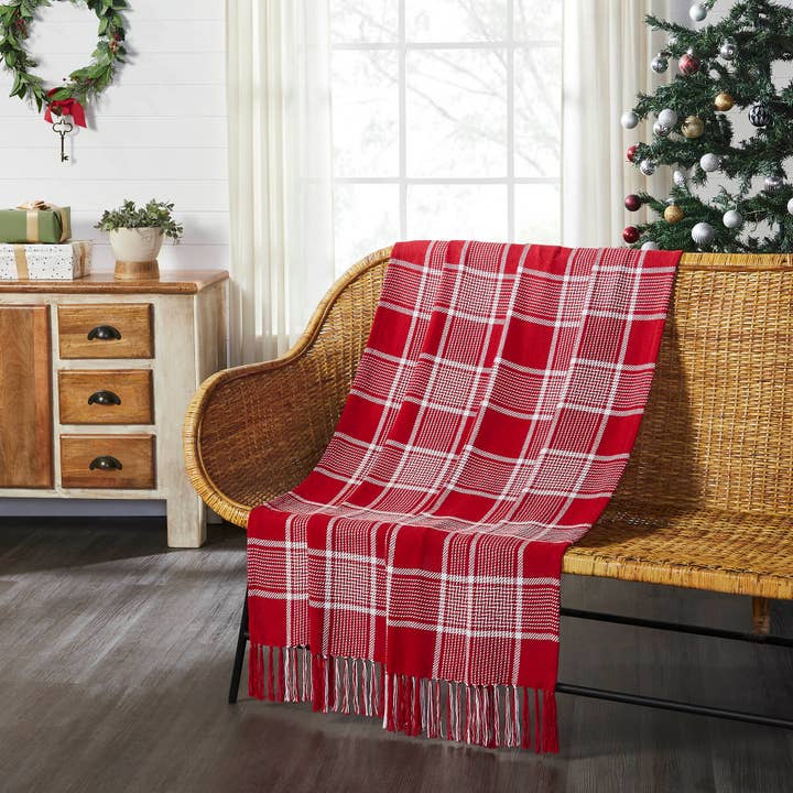 VHC Brands - Wholesale Throw Blanket - Eston Red White Plaid Woven Throw 50x60