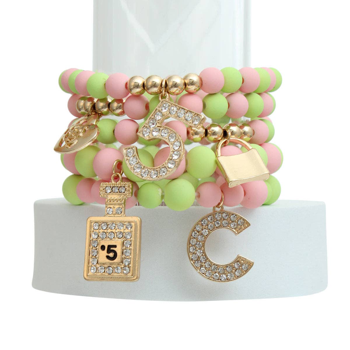 Matte Pink and Green Boutique Charm Bracelets for wholesale on Faire1