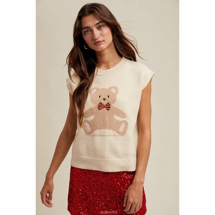 CREAM 'TEDDY BEAR' PLAID BOW SWEATER VEST / WL25-11172 for wholesale on Faire0