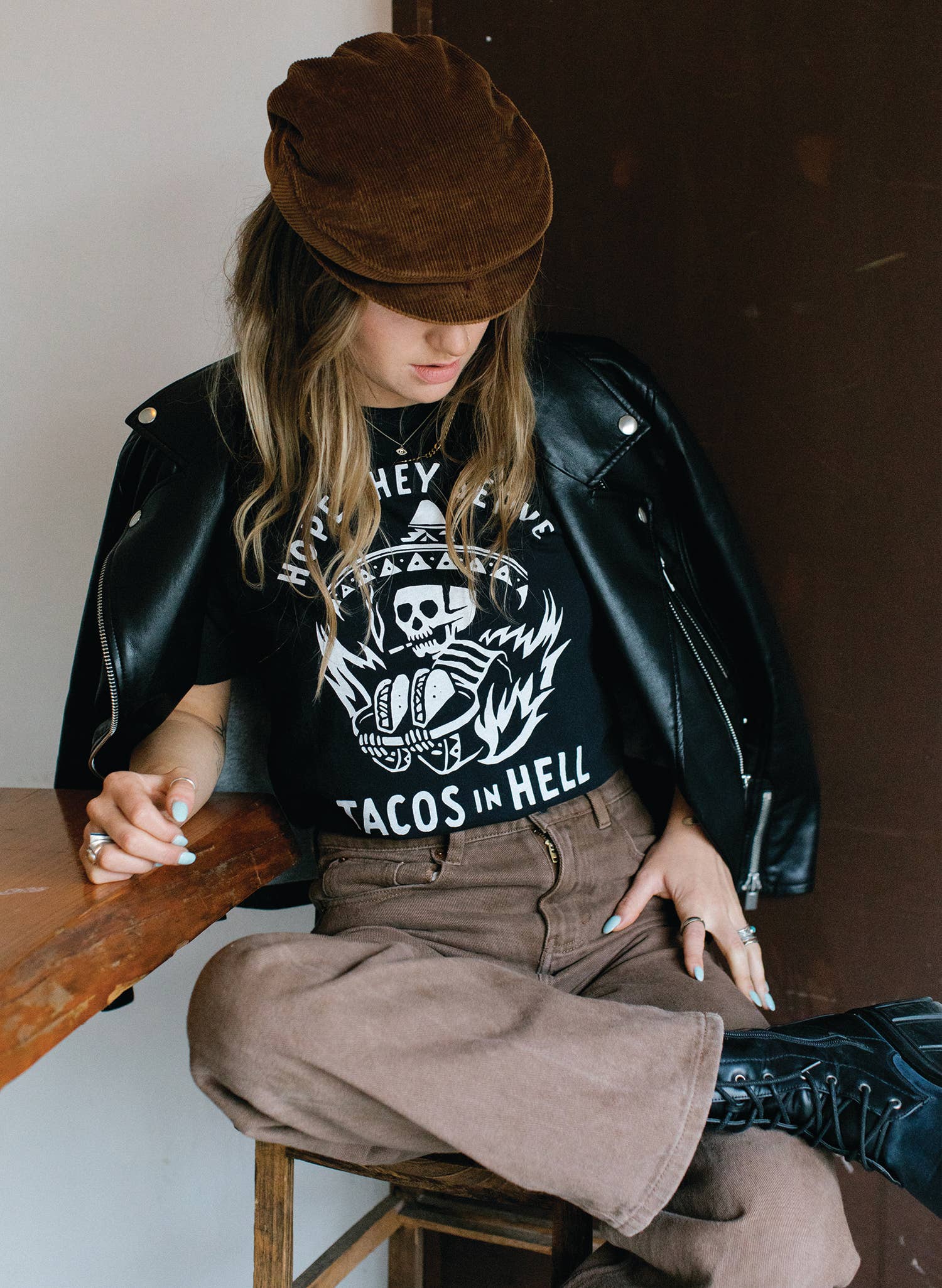 Pyknic – T-shirt estampada - Mulher por atacado – Espero que sirvam tacos na Hell Vintage Western Tee Adultos6