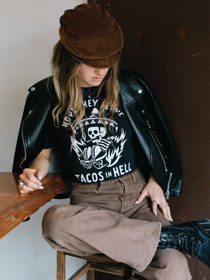 Pyknic – T-shirt estampada - Mulher por atacado – Espero que sirvam tacos na Hell Vintage Western Tee Adultos6