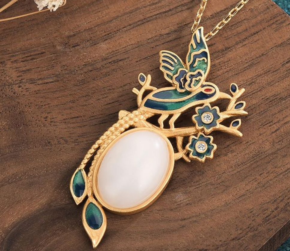 Bright MacMing - Wholesale Pendant/Charm Necklace - Enamel Hummingbird with White Jade Necklace3