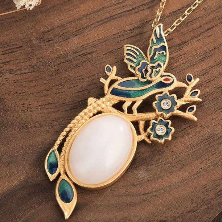 Bright MacMing - Wholesale Pendant/Charm Necklace - Enamel Hummingbird with White Jade Necklace3