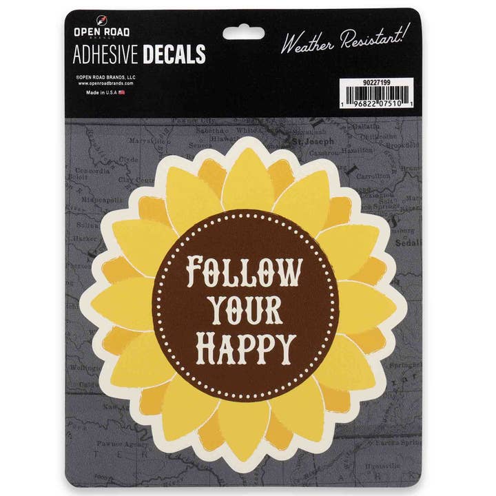 Sunflower Follow Your Happy Adhesive Decal for wholesale by Open Road Brands, LLC