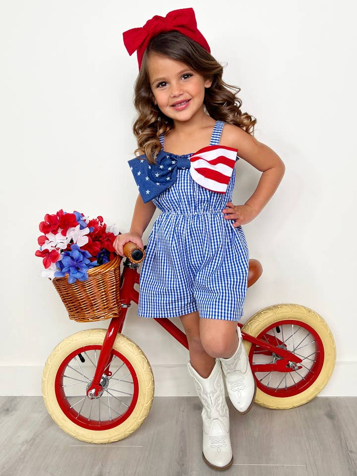 Blue American Bow Gingham Romper for wholesale on Faire
