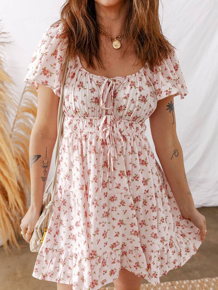 Floral Tie Shirred Short Sleeve Ruffled Floral Mini Dress for wholesale by 1 the Woman