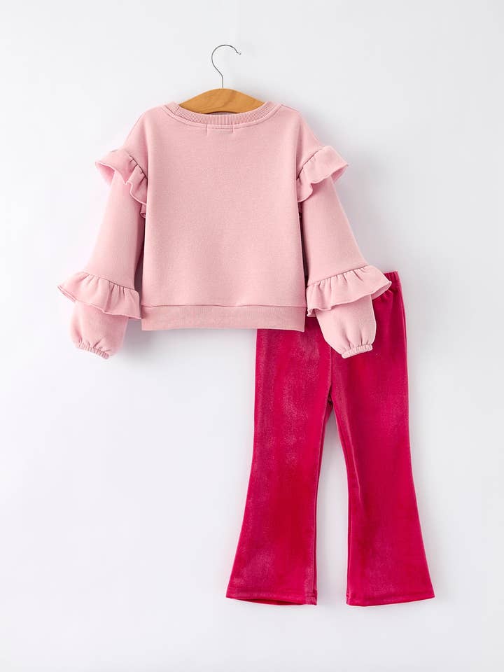 Rylee Faith Designs – wholesale Top & trouser set – Kids – Girls Christmas Outfit – Pink “Santa Baby” Ruffle Sweatshirt & Velvet Bell-Bottom Pants Set1