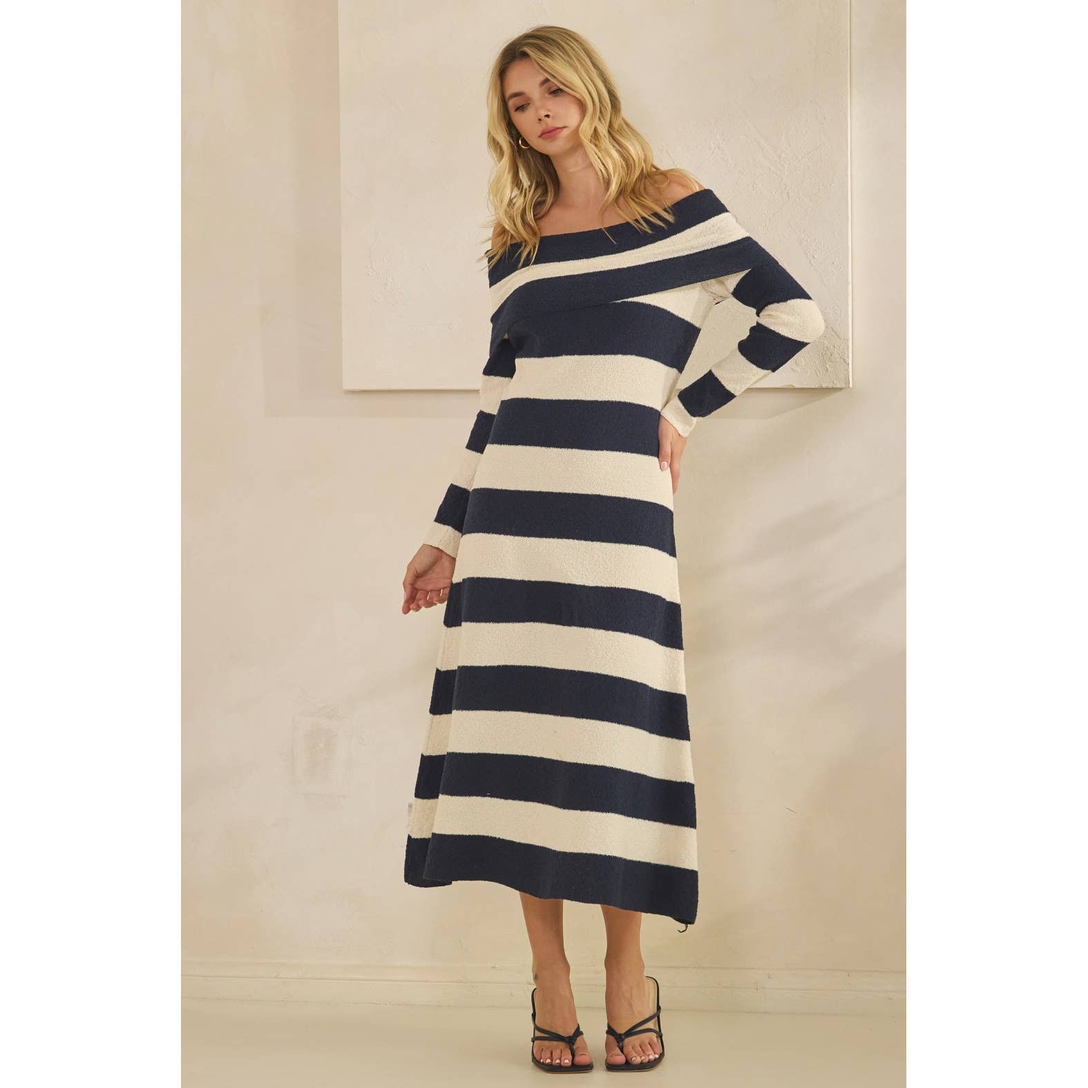 Veveret - Wholesale Dress - Women's - Texture Knit Off-Shoulder Wide Stripe Long Dress 15