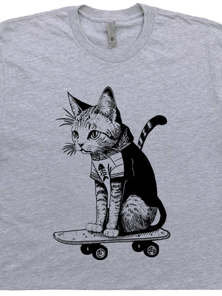 Shirtmandude Co - Wholesale Screen Printed T-Shirt - Unisex - Skate Cat Shirt Funny Skateboard Tee Shirt Cute Novelty Fun