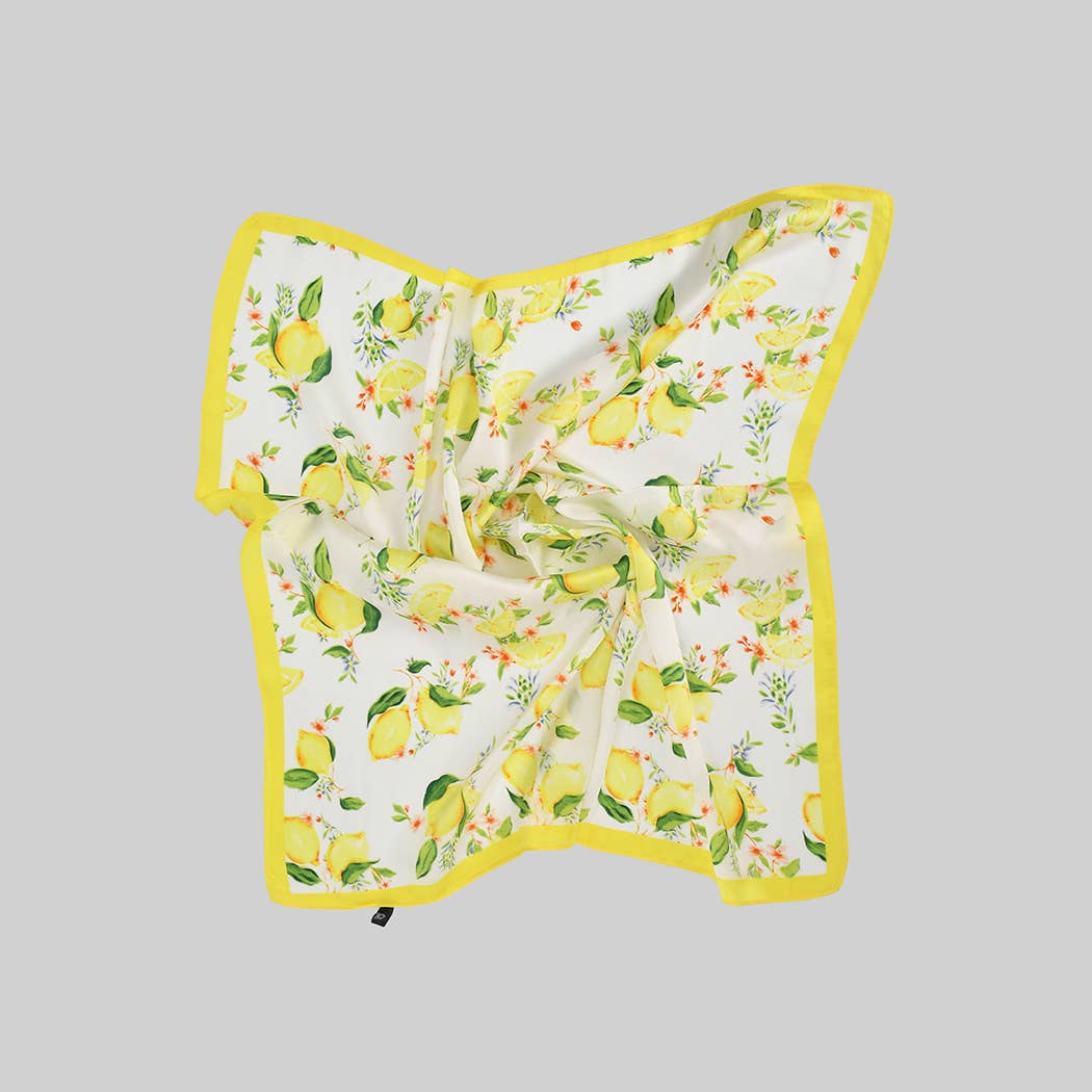 YELLOW SILKY SMOOTH LEMON PRINT SQUARE SCARF for wholesale on Faire