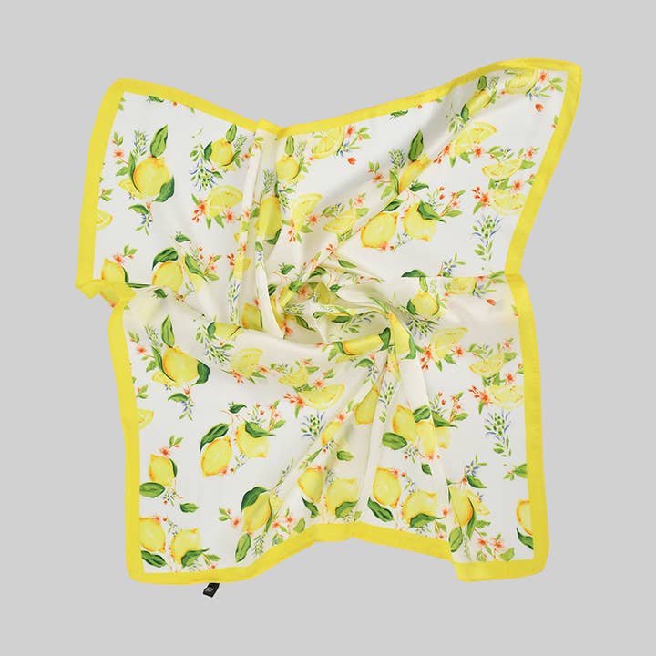 YELLOW SILKY SMOOTH LEMON PRINT SQUARE SCARF for wholesale on Faire0