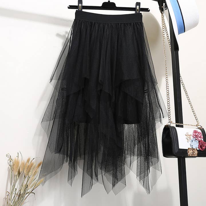 DOUBLJU - Wholesale Skirt - Women's - SPLICED FLUFFY IRREGULAR MESH SKIRT_CWBLS05930