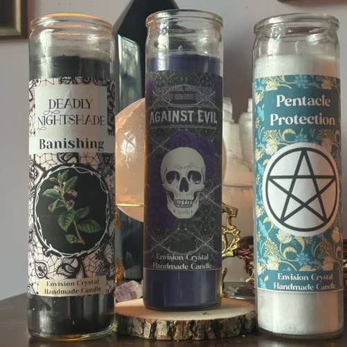 Envision Crystal - Wholesale Jar/Filled Candle - Against Evil 7-Day Candle - Scented and Blessed3