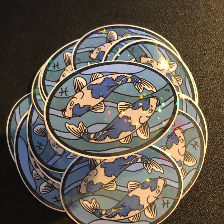 Pisces Koi Fish Star Holographic Waterproof Sticker for wholesale by Nessiknacks0301