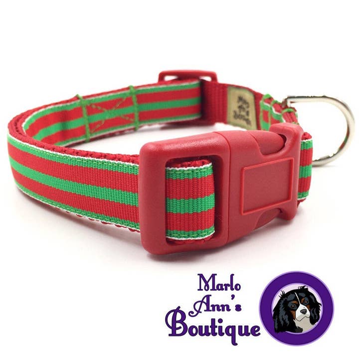 Red & Green Striped Dog Collar for wholesale by Marlo Ann's Boutique