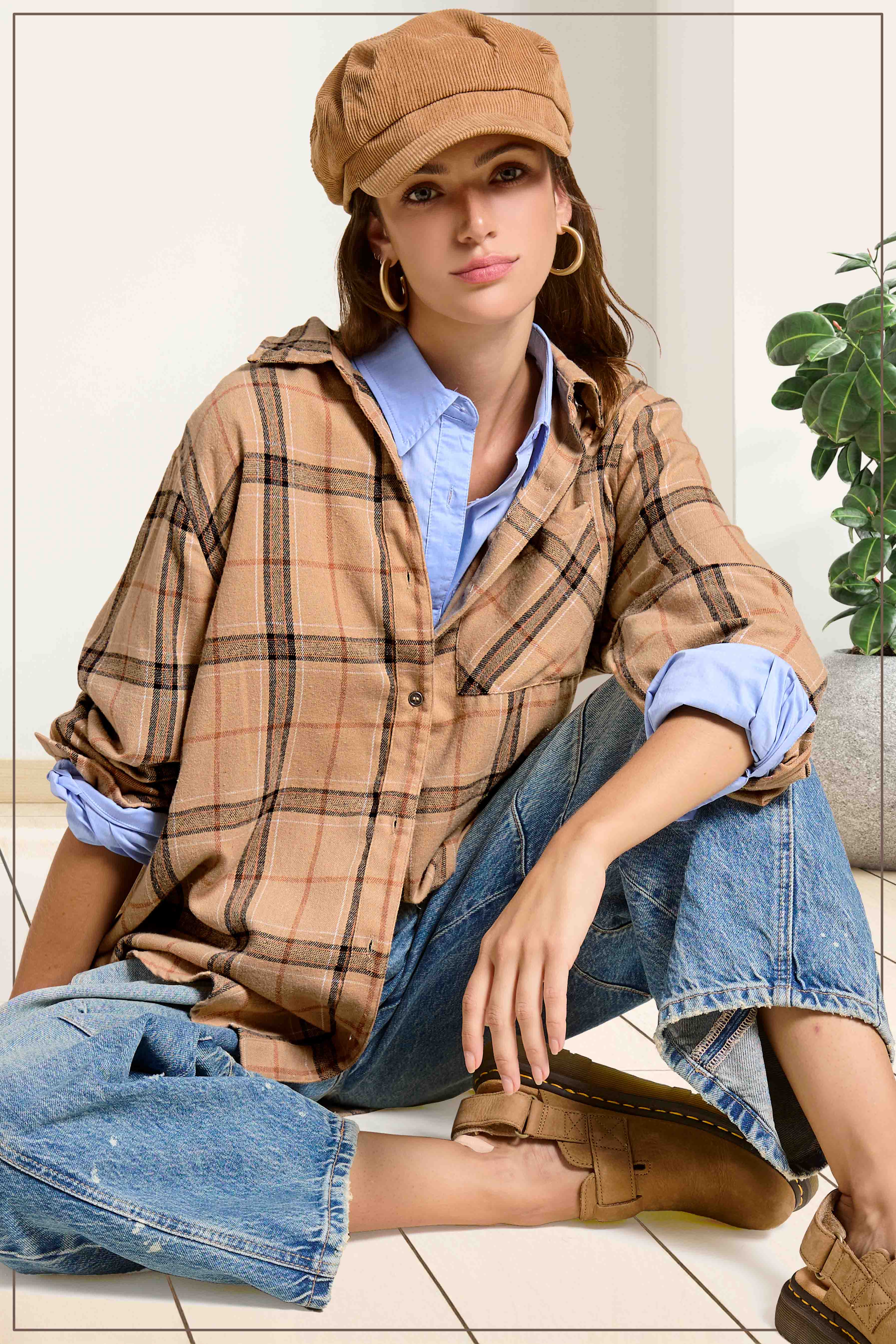 La Miel - Wholesale Button Down Shirt - Women's - SRT1312-Loose Fit Button Down Soft Fabric Plaid Shirts1