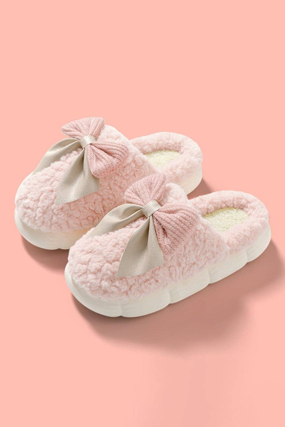 Lovesoft - Wholesale Slippers - Women's - White Contrast Bowknot Applique Plush Winter Slippers (Bow Colors May Differ by Batch)10
