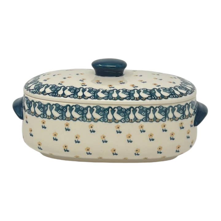 Baker, Oval, Lid, Handles, Small 11" x 5.5" in "Lucky Duck" by Manufaktura | C021T-P322 for wholesale by Polish Pottery Outlet