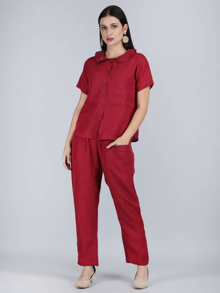 Dames Bordeauxrood Zuiver Linnen Handgeborduurde Kraag Co-ord voor wholesale door 1401 The Label