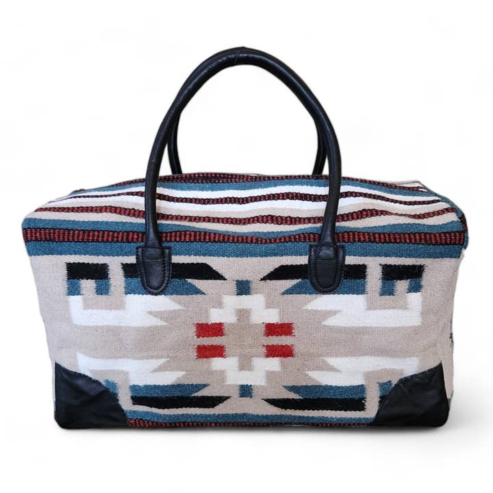 Aztec Large Weekender Southwestern Duffel Bag Sahara Saddle Blanket Bag 100% Leather Handles for wholesale by Ranch Junkie
