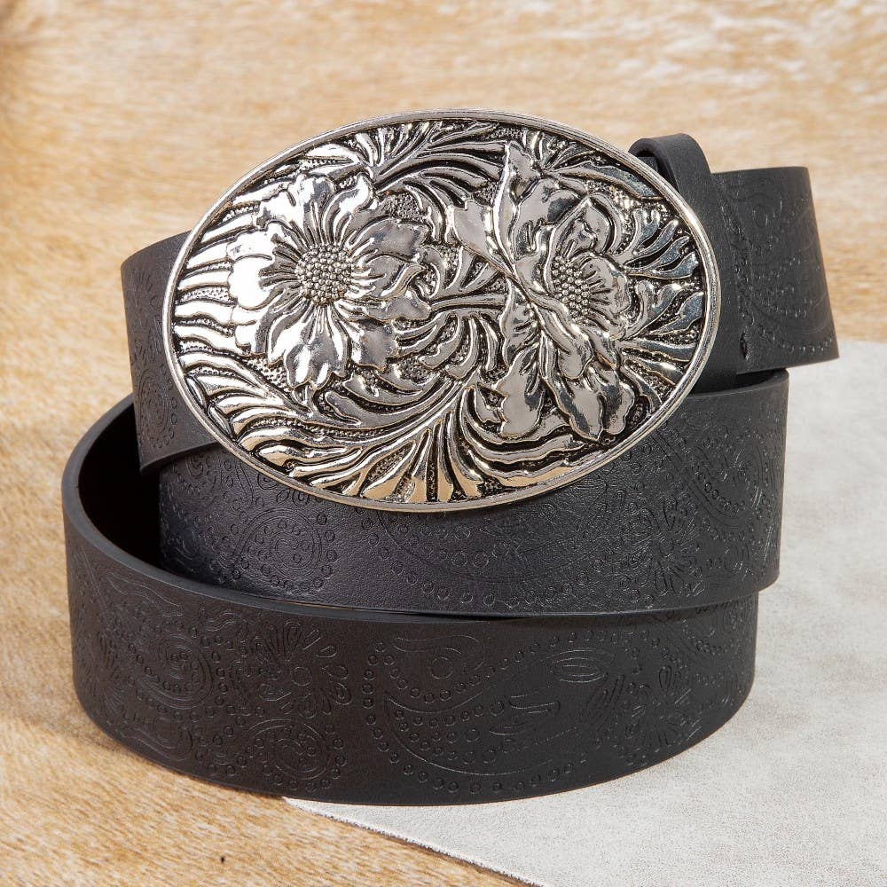 Collections by Fame Accessories - Wholesale Belt - Women's - Floral Buckle Paisley Pattern Vegan Leather Belt0