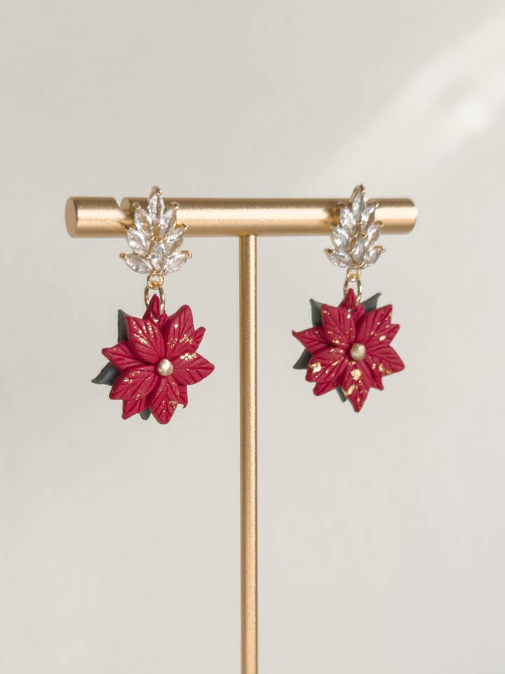 Poinsettia Polymer Clay Holiday Earrings for wholesale by Clay & Fern Co.