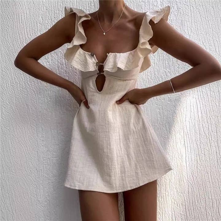 CREAMY Bohemian Style Leaf Edged Halter Mini Dress for wholesale on Faire1