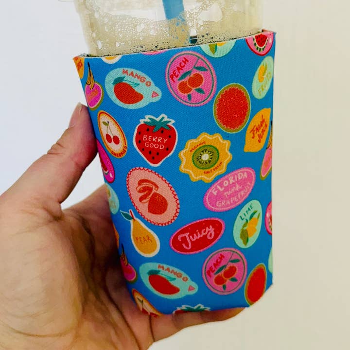 Iced Coffee Sleeve, Colorful Fruit Stickers Pattern for wholesale by Sonny Rising