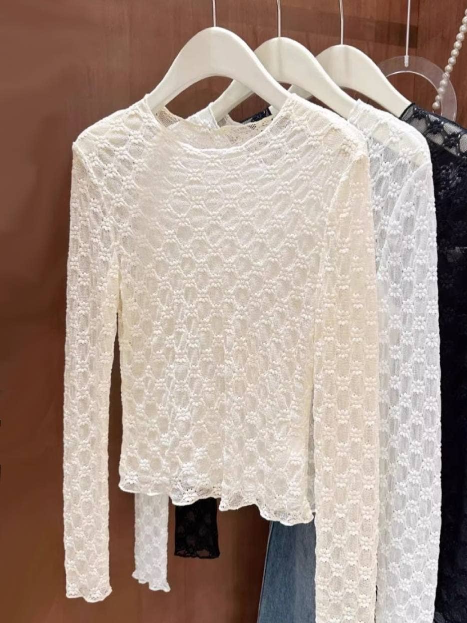 Rosa Clothing - Wholesale T-Shirt - Women's - Sheer Mesh Diamond Floral Lace Layering Fitted Crew Top5