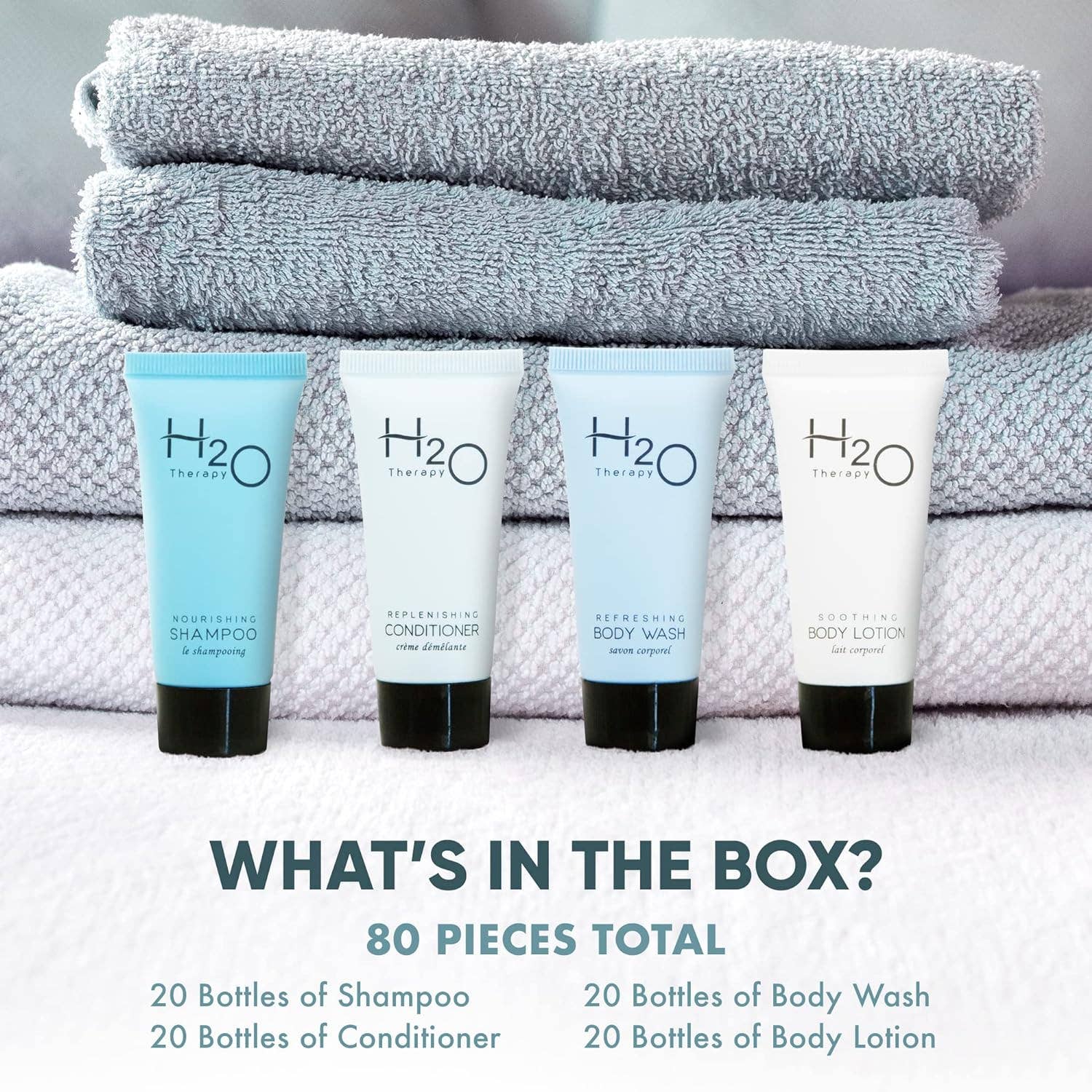 Diversified Hospitality Solutions - Wholesale Bath & Body Set - H20 Therapy 0.85 oz. Toiletries Set | 1-Shoppe All-In-Kit Amenities For Hotels, Airbnb & Rentals | Hotel Shampoo & Conditioner, Body Wash, Body Lotion | 80 Piece Travel Set2