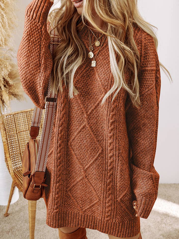 Little Daisy Closet - Wholesale Tunic Sweater - Women's - LDC Cable Knit Drop Shoulder Loose Fit Sweater Dress
