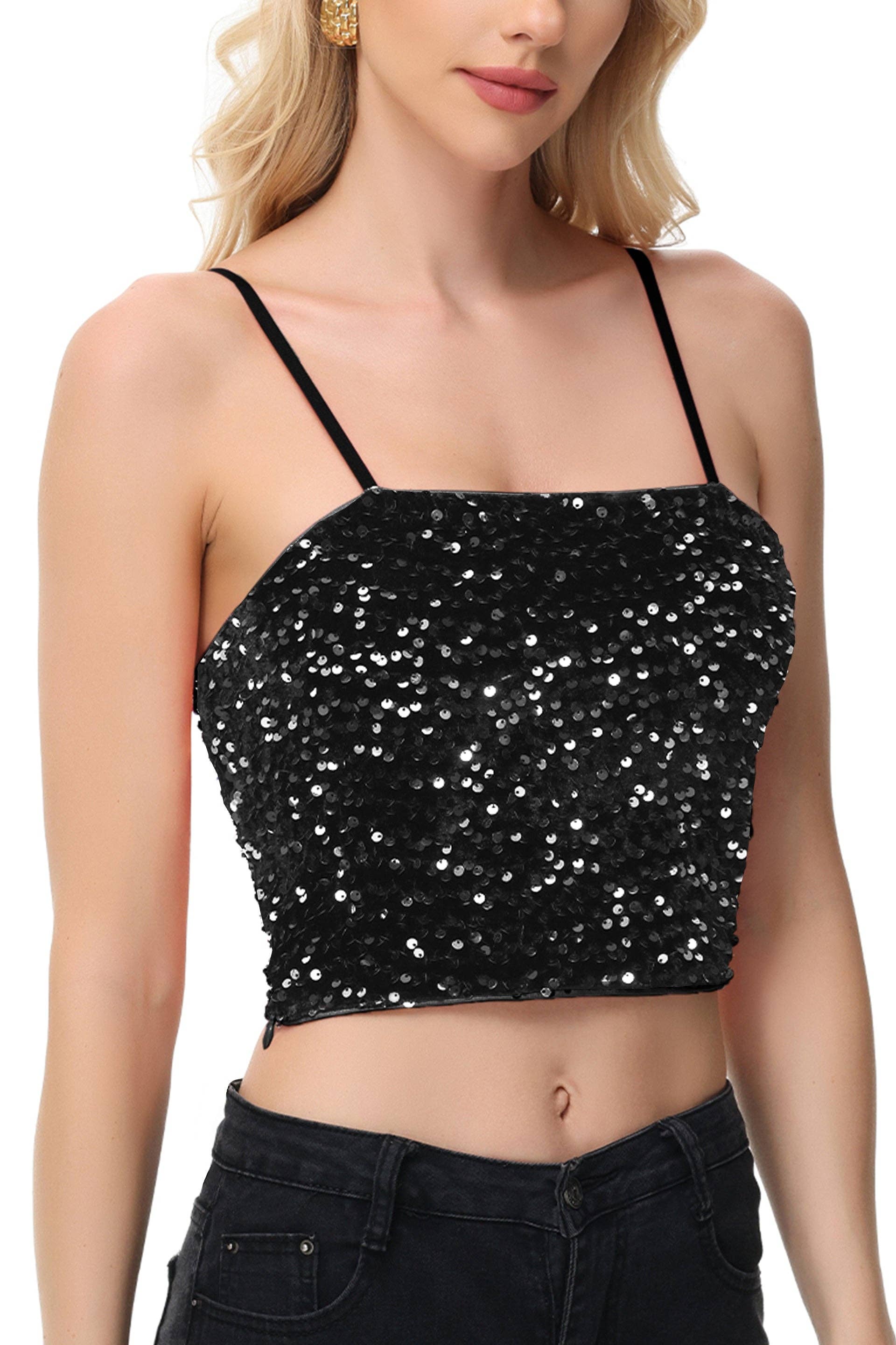 Anna Kaci Wholesale - Wholesale Camisole - Women's - Sparkly Sequin Cami Tops Crop Club Party Glitter Spaghetti6