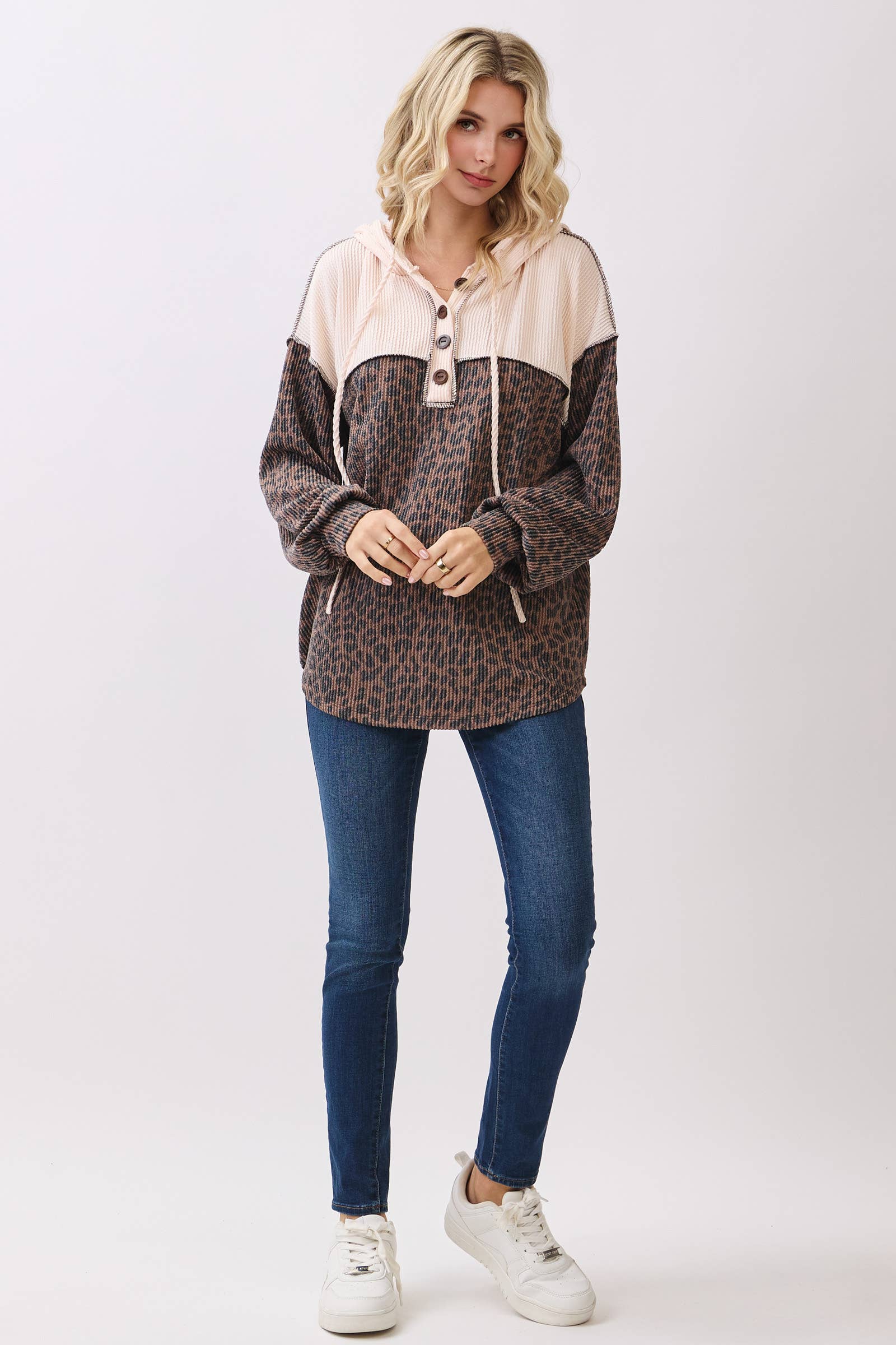 7th Ray - Wholesale Hoodie - Women's - Leopard Print Button Front Drawstring Hoodie T611518