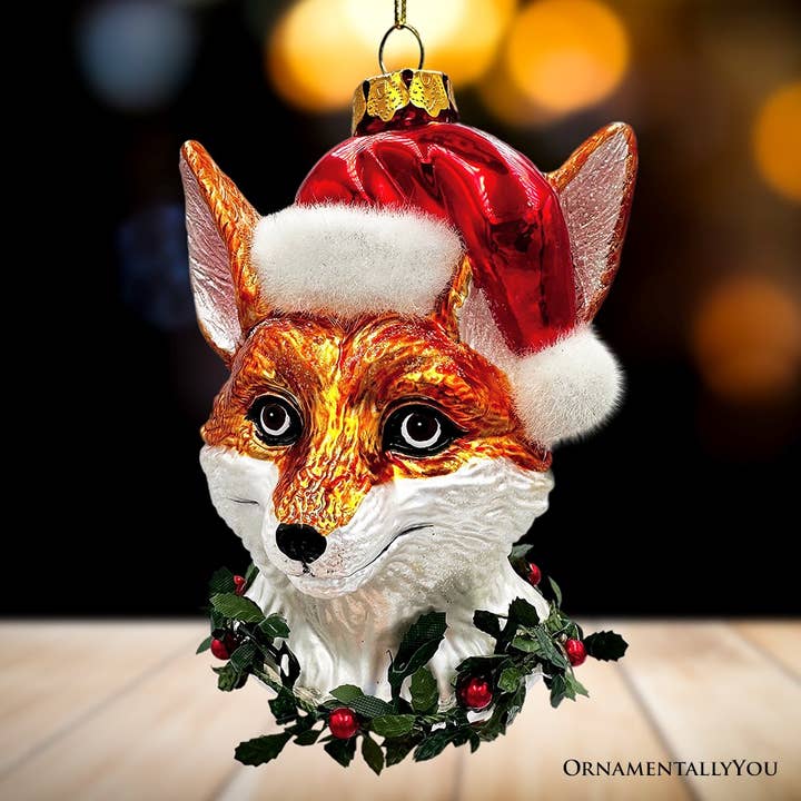 OrnamentallyYou – wholesale Ornament – Fox with Santa Hat Glass Christmas Ornament, Woodland Animal