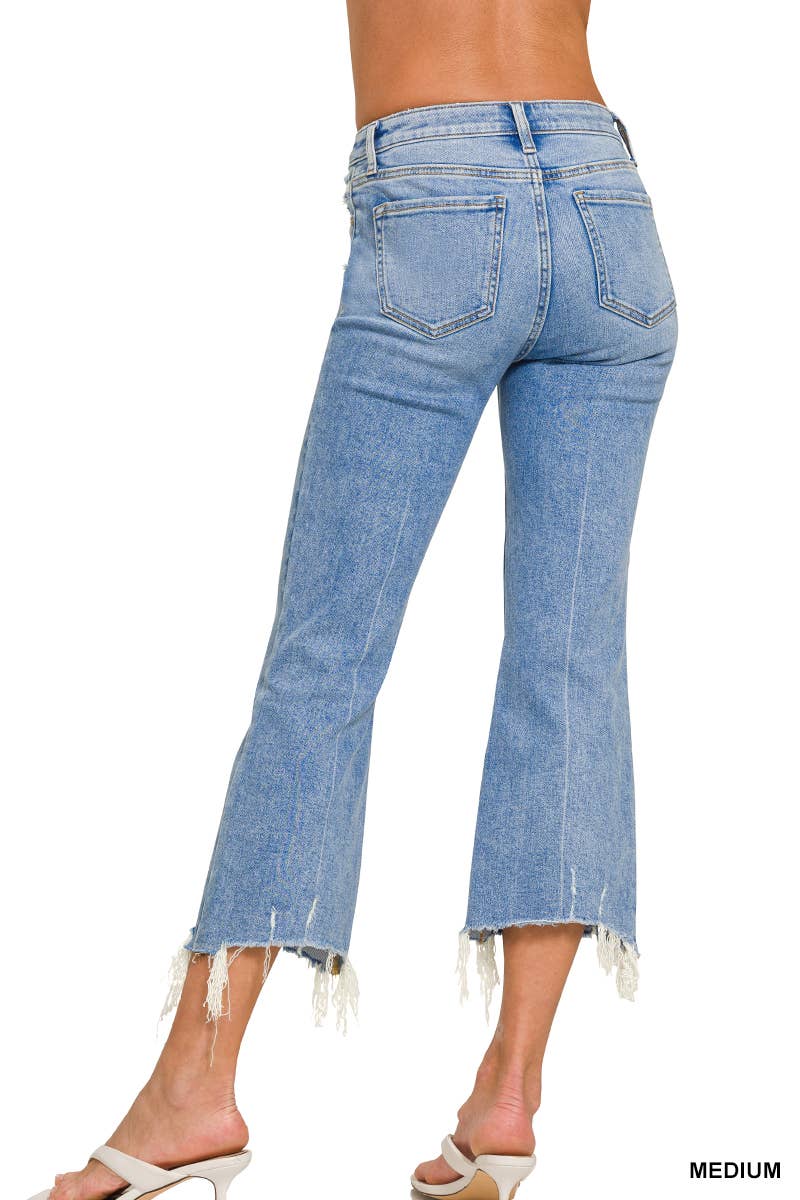 "._ Medium Washed Kick Crop Flare Denim Pants for wholesale on Faire2