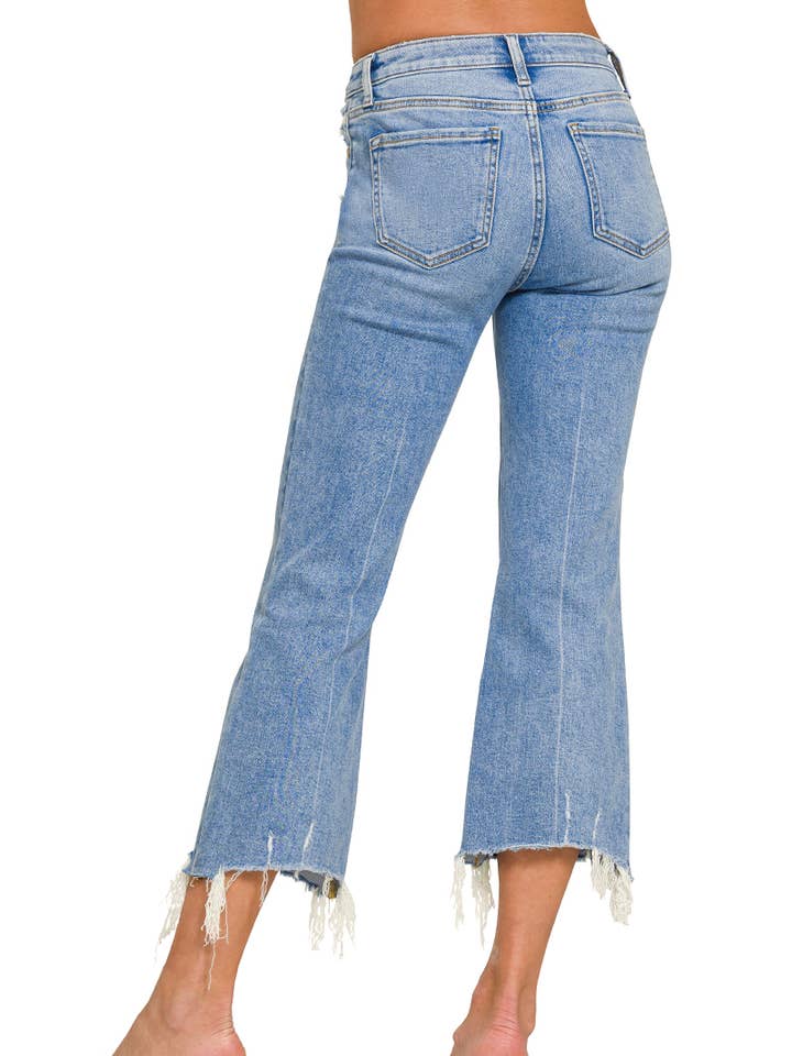 "._ Medium Washed Kick Crop Flare Denim Pants for wholesale on Faire2