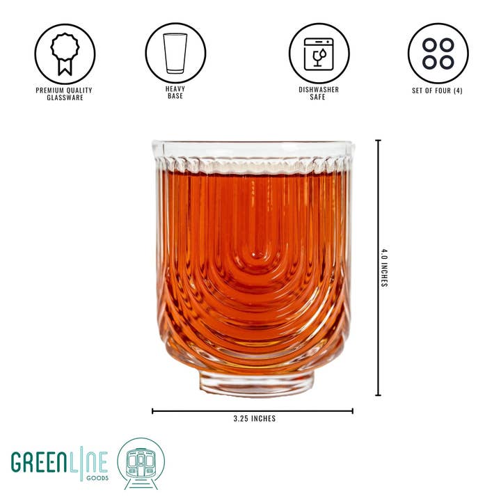 Greenline Goods - Wholesale Cocktail/Liquor Glass - Art Deco Cocktail Glasses - Lowball Ribbed Wave Glasses (Set