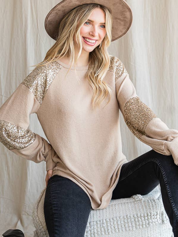 7th Ray - Wholesale Knit Top - Women's - Women's Casual Brush Knit Top with Sequin Contrast T4399