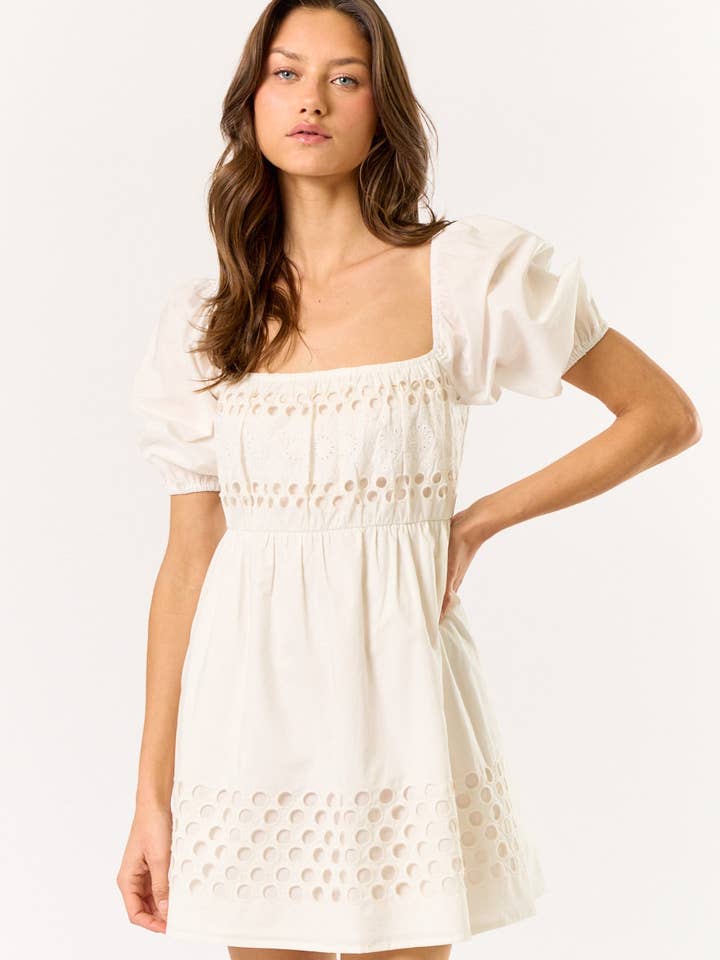 ILD5190 Embroidered Eyelet Shot Puff Sleeve Mini Dress for wholesale by Lalavon