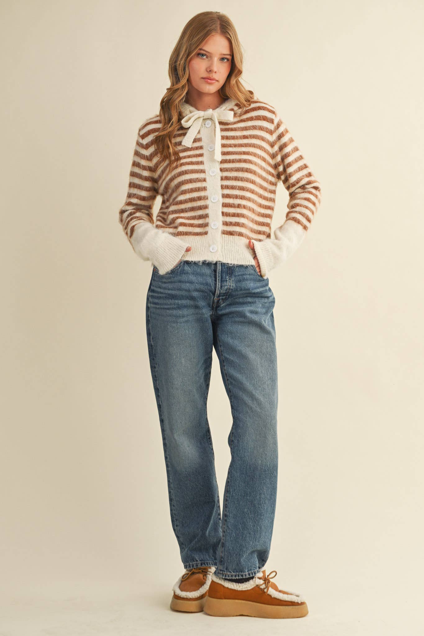 &MERCI - Wholesale Cardigan - Women's - STRIPED HOODIE SWEATER CARDIGAN MSW110636