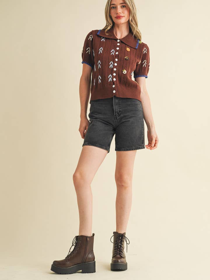 &MERCI - Wholesale Knit Sweater - Women's - HAND EMBROIDERED SHORT SLV BUTTON DOWN SWEATER MSW1095311