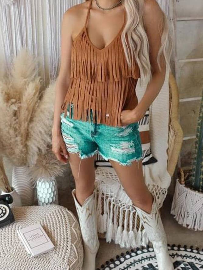 Braunes Cami-Top aus Veloursleder mit Quastenmuster BBSP027 für den Großhandel von UNISHE