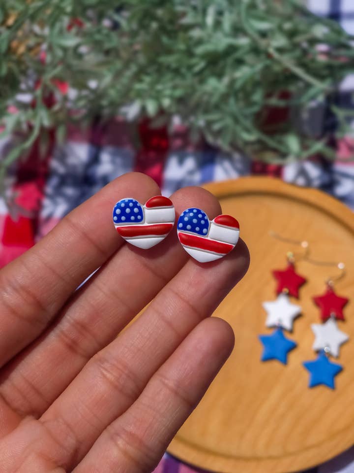 American Flag Heart Stud Earrings | Patriotic | 4th of July for wholesale by Ivy Lane Clay Co.
