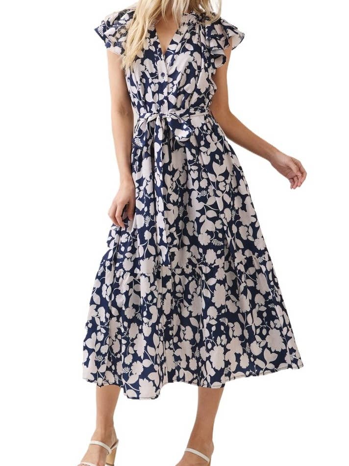 Robe midi à manches courtes imprimé floral avec boutons pour la vente par Vanilla Monkey