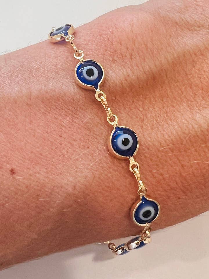 Gold Filled Blue Evil Eye Bracelet | Dainty Protective Charm for wholesale by Haus of Monogram