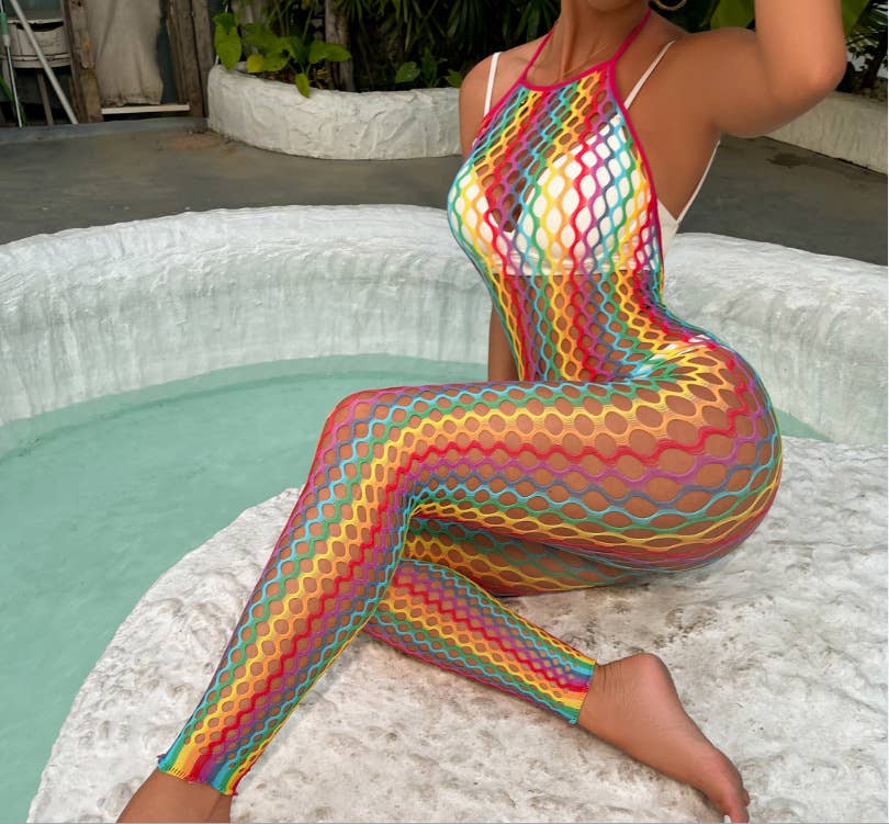 Arco-íris Halter Rainbow Color Fishnet Ver Através do Body para venda a revendedores na Faire