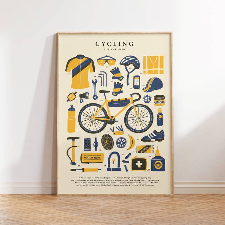 Cycling Bike Kit Essentials | Retro Adventure Art Print for wholesale by Bird & Co Studio