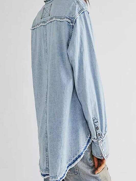 BLUE button down ruffle denim top for wholesale on Faire2