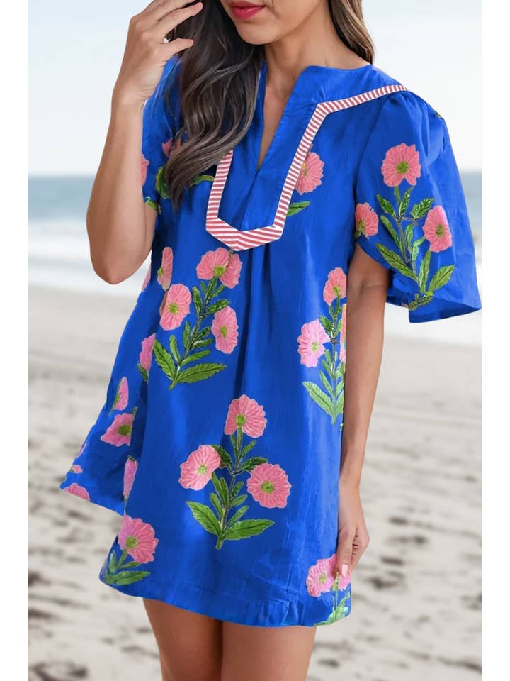 Aapparella - Wholesale Dress - Women's - Floral Print Short Sleeve Split Neck Mini Dress | S-XL